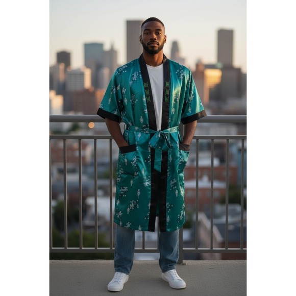 Other - Mens Silky Kimono Robe Dragon Lantern Print Teal Black Short Sleeve‎ Reversable